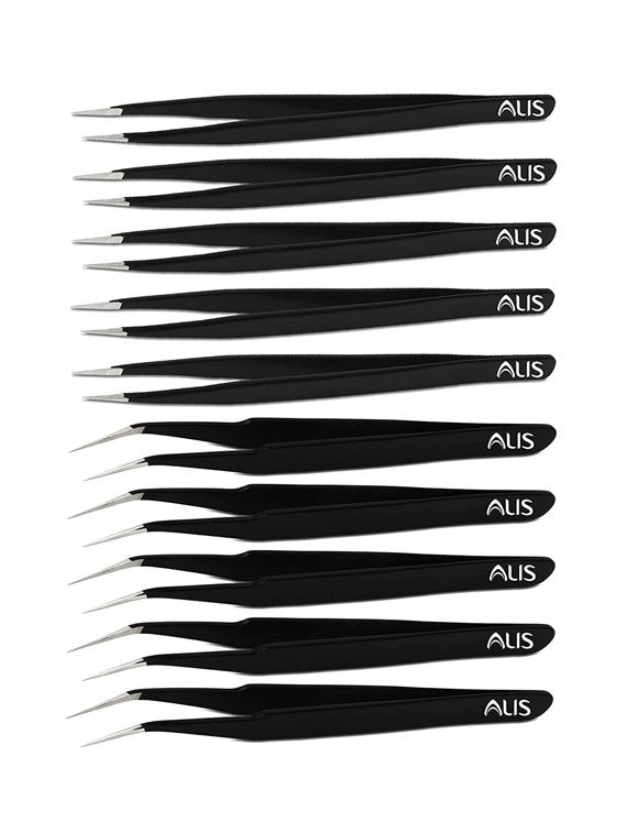 alis set of 10 non magnetic esd safe black coated tweezers - 5 straight & 5 curved (black coated tweezers) - 18308173 - Zoom Image - 0