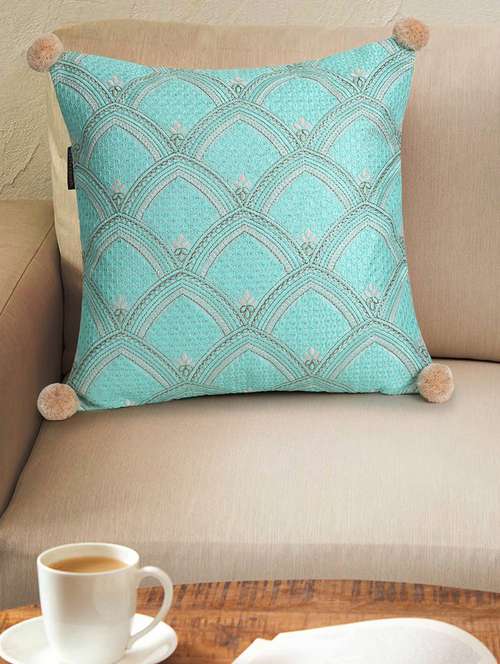 mezposh tribal sea green & coral ethnic motifs embroidered faux silk cushion cover (16"x16")