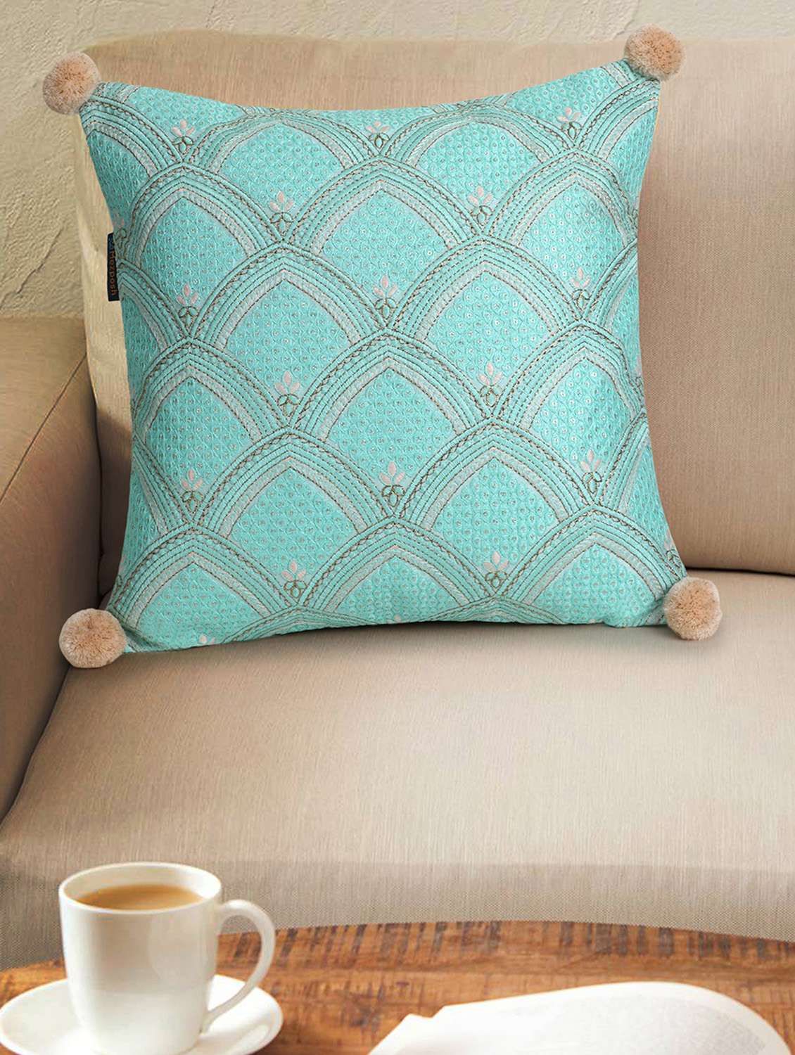Mezposh Tribal Sea Green & Coral Ethnic Motifs Embroidered Faux Silk Cushion Cover (16"X16")