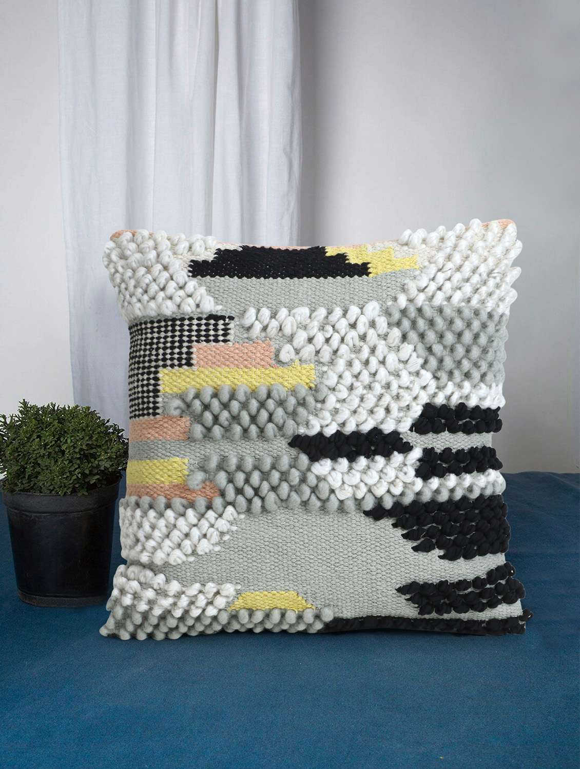 mezposh nomad grey & multi abstract woven acro wool cushion cover (16"x16")