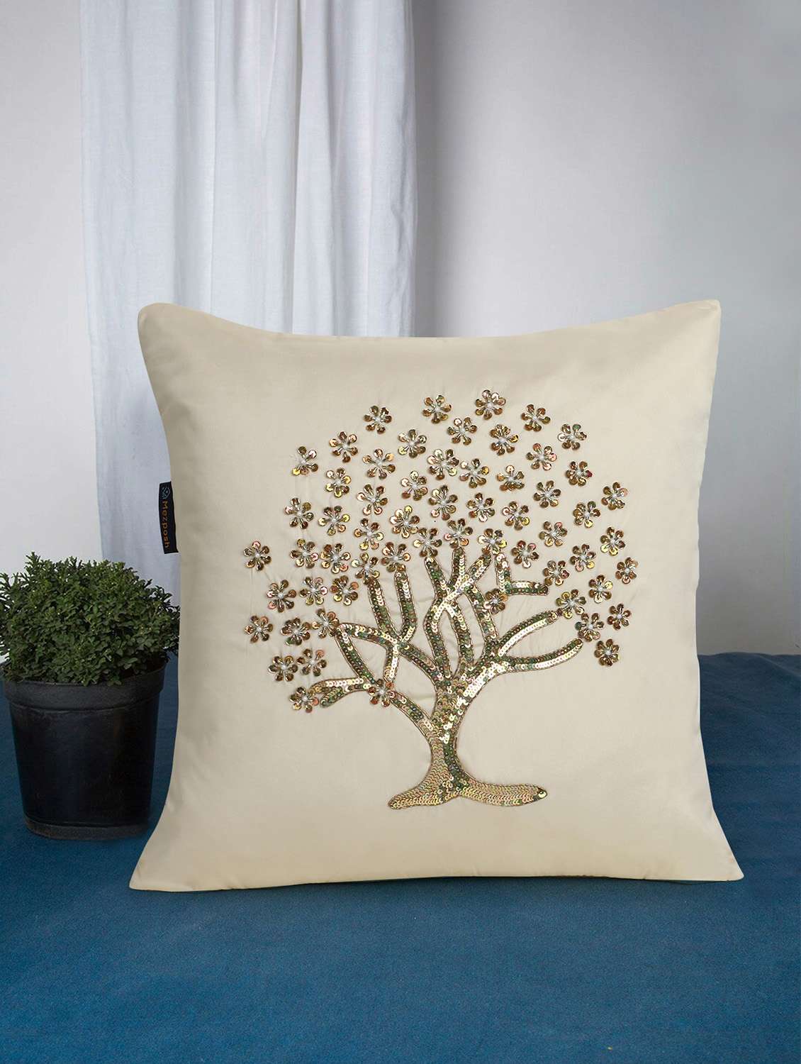 mezposh dazzle cream & gold floral embellished satin cushion cover (16"x16")