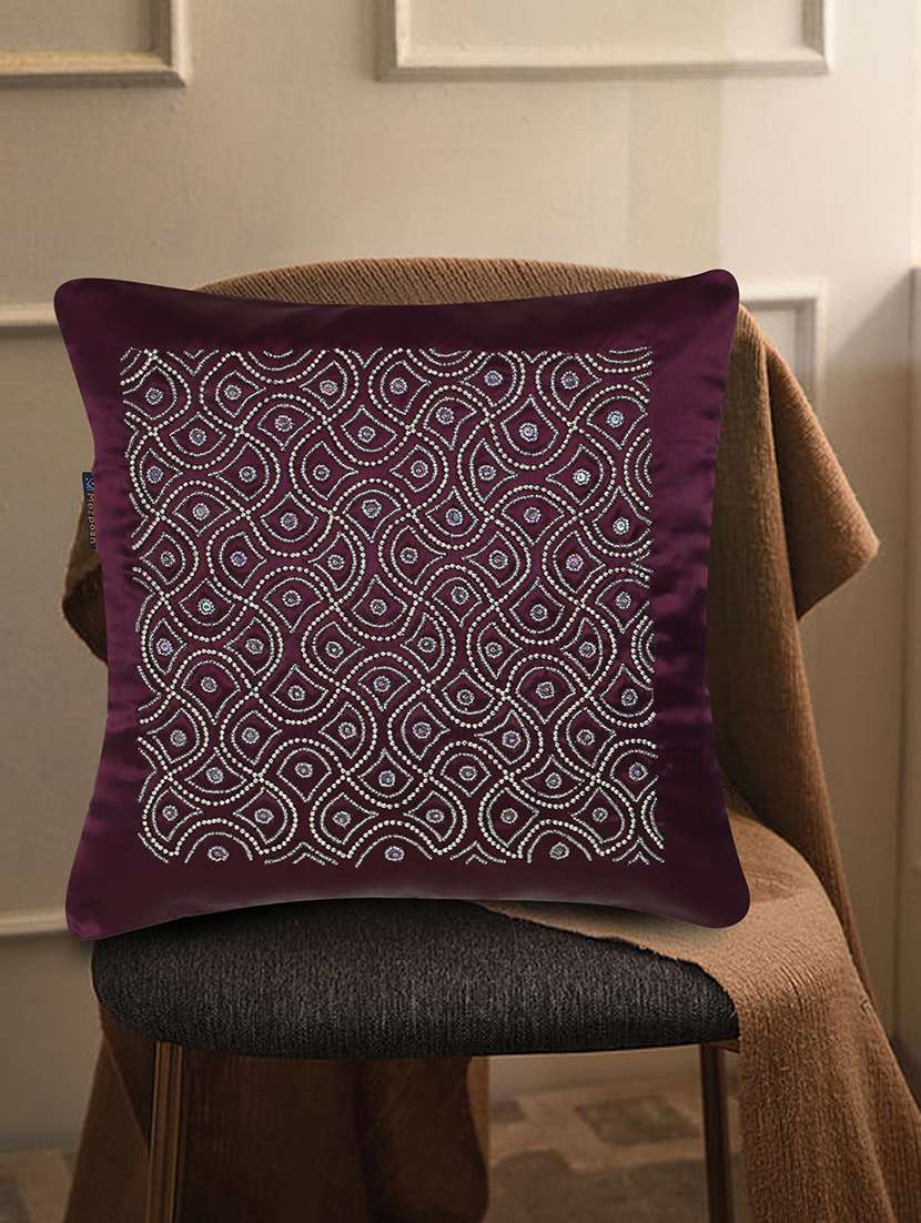 Mezposh Dazzle Purple & Silver Ogee Embellished Satin Cushion Cover (16"X16")