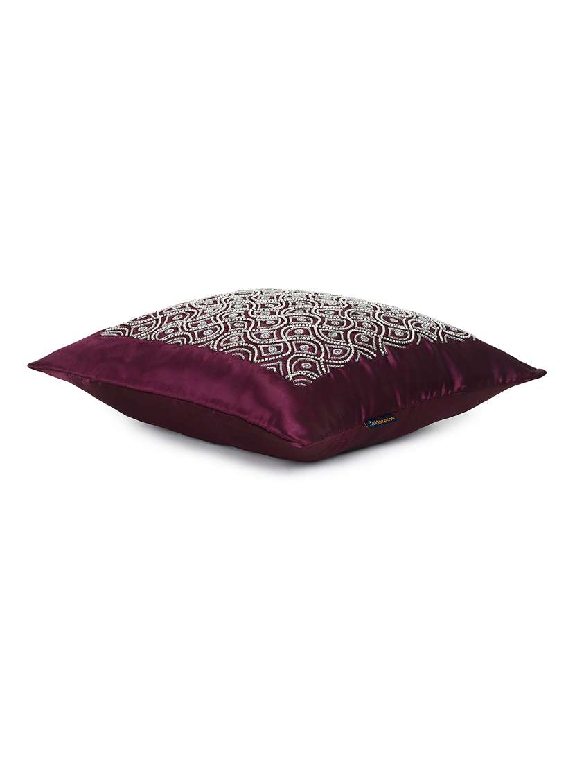 Mezposh Dazzle Purple & Silver Ogee Embellished Satin Cushion Cover (16"X16")