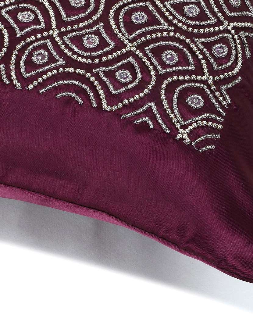 Mezposh Dazzle Purple & Silver Ogee Embellished Satin Cushion Cover (16"X16")