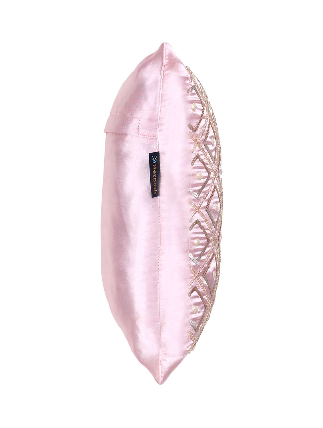 Mezposh Dazzle Baby Pink Geometric Embellished Satin Cushion Cover (14"X14")