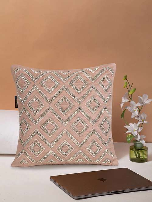 mezposh dazzle dusky pink & dull gold chevron embellished suede cushion cover (16"x16") - 18308591 - Standard Image - 0