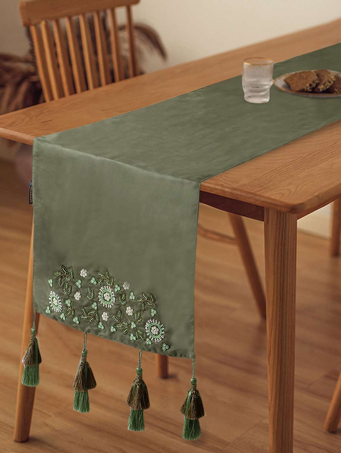 mezposh's dazzle floral embellished olive table runner