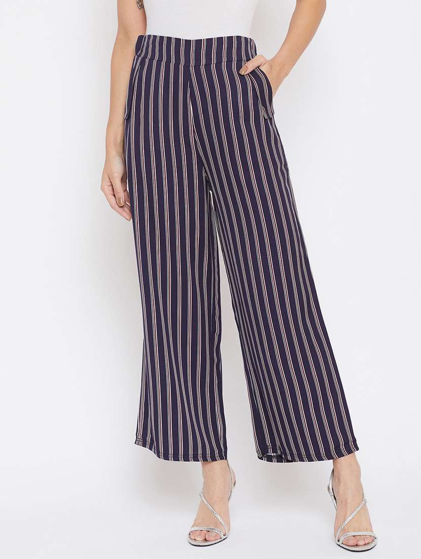 navy blue mid-rise striped trouser