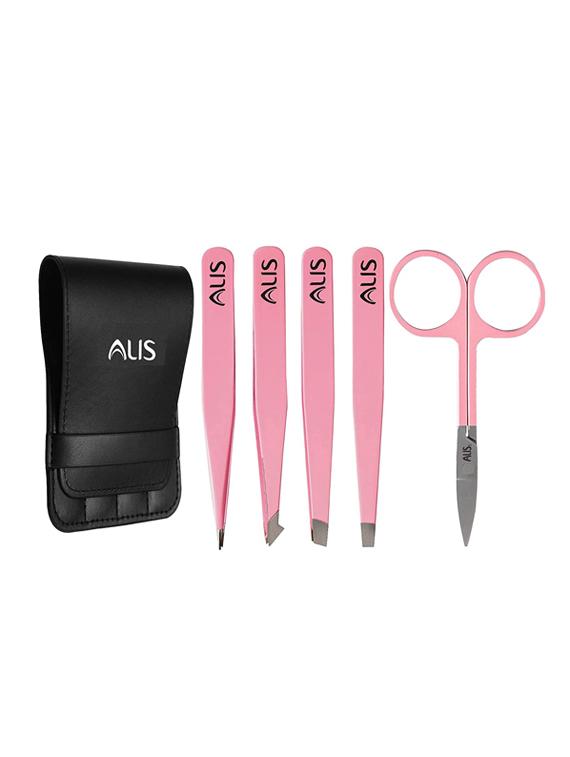 alis tweezer set with scissor- professional stainless steel tweezers and trimming scissor with case (pink set of 5 with scissor) - 18308867 - Zoom Image - 0