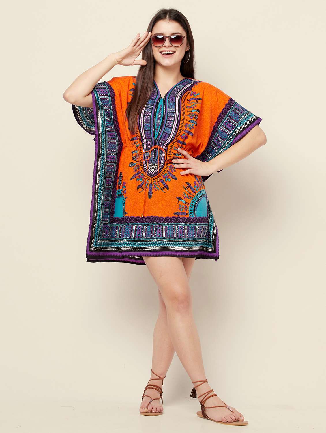 orange relaxed fit printed kaftan dress - 18308877 - Standard Image - 3