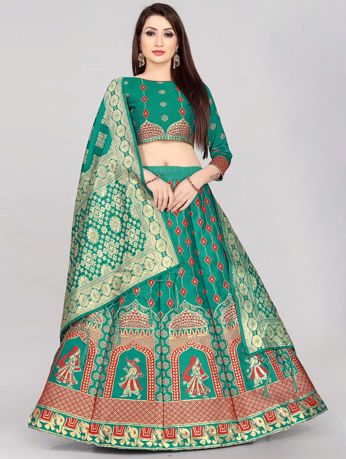 green banarasi flared lehenga - 18309424 -  Zoom Image - 0