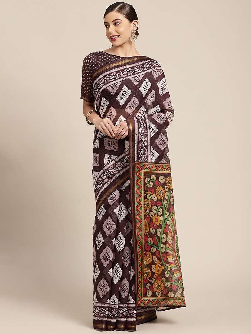 brown cotton blend printed saree