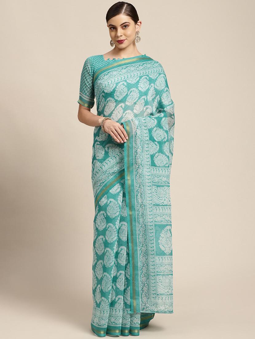 turquoise cotton blend printed saree - 18310354 - Zoom Image - 0