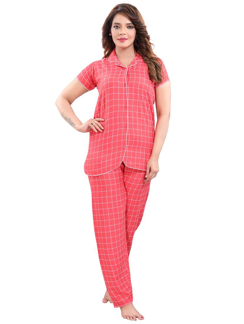 shirt collar checkered nightwear pajama set 
