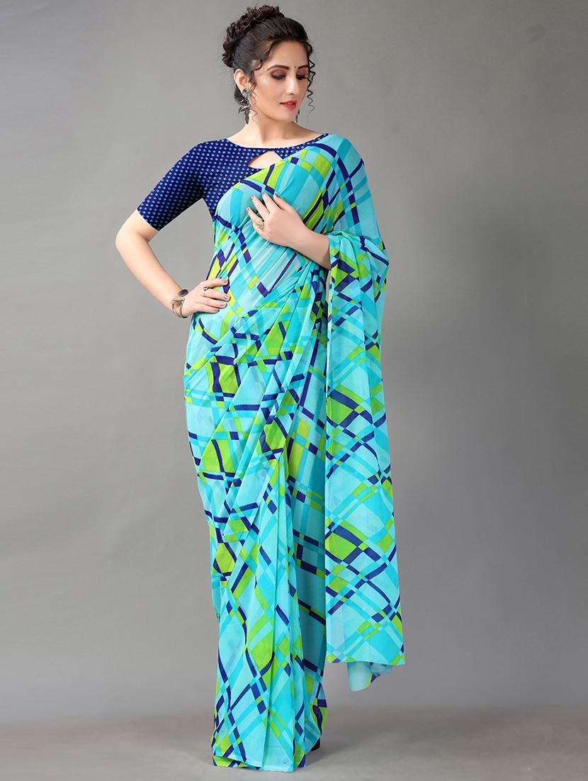 blue georgette printed saree with blouse - 18312569 -  Zoom Image - 0