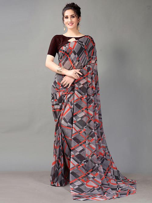 grey georgette printed saree with blouse - 18312570 - Standard Image - 0