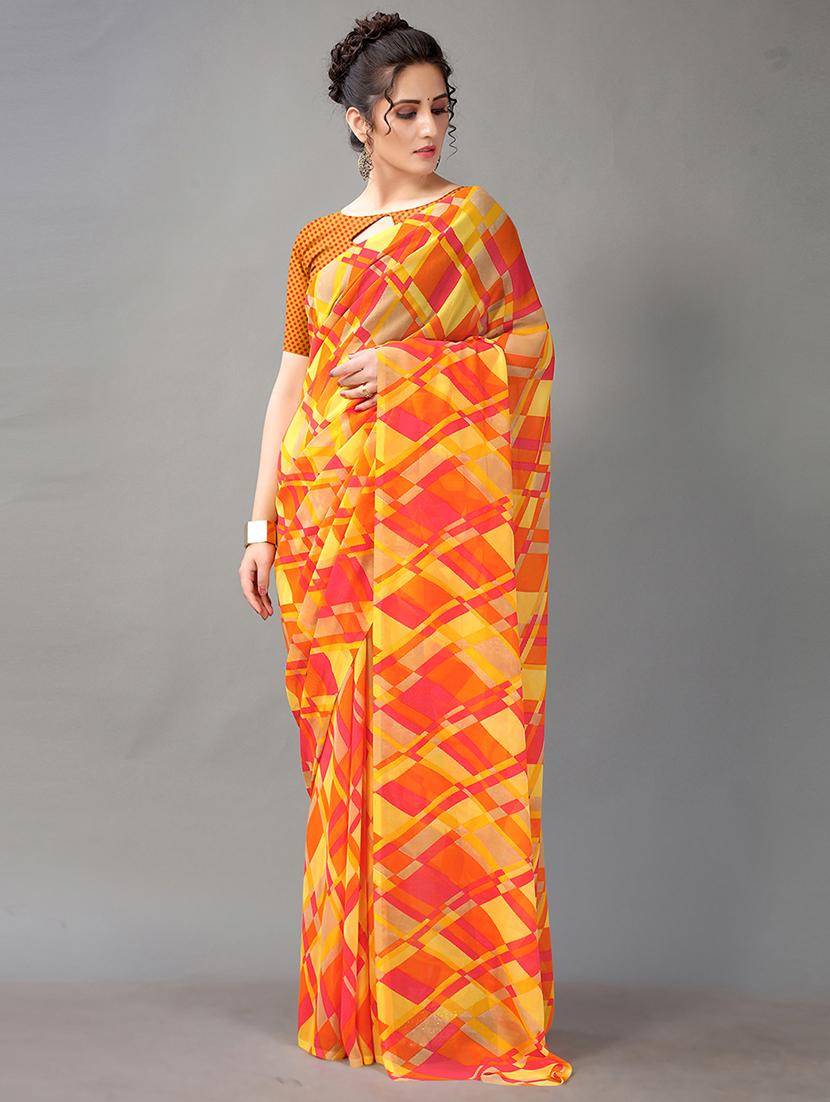 yellow georgette printed saree with blouse - 18312574 - Zoom Image - 0