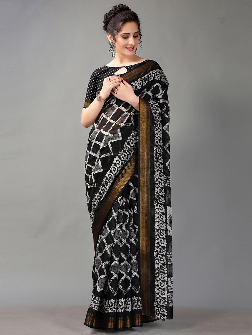 black cotton blend printed saree with blouse - 18312579 - Zoom Image - 0