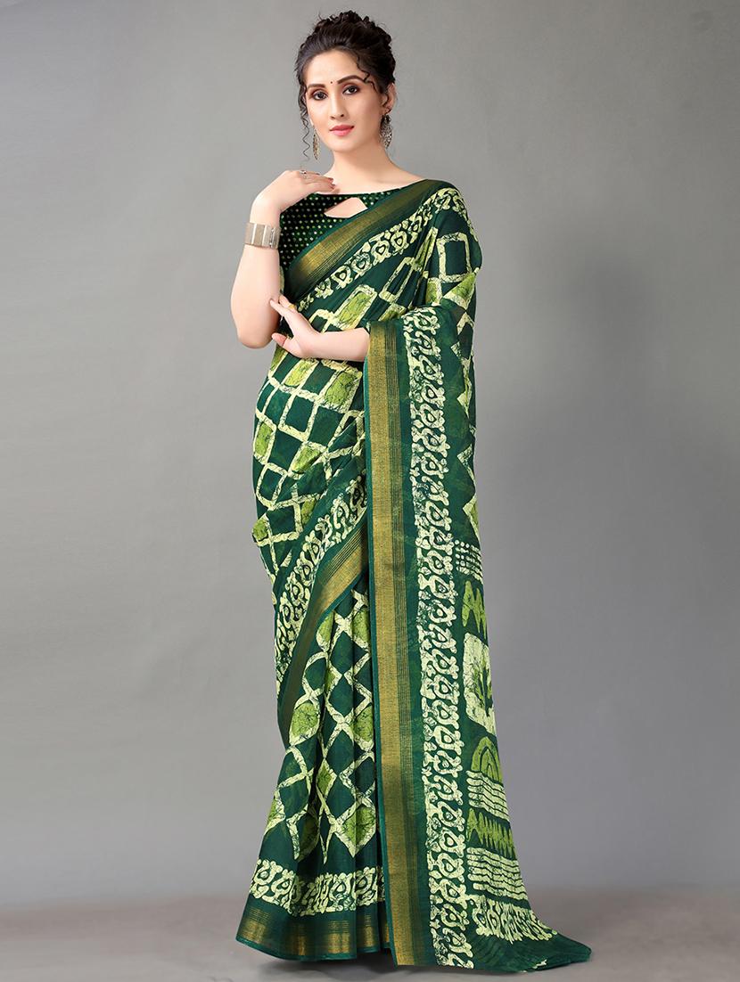 green cotton blend printed saree with blouse - 18312581 - Zoom Image - 0