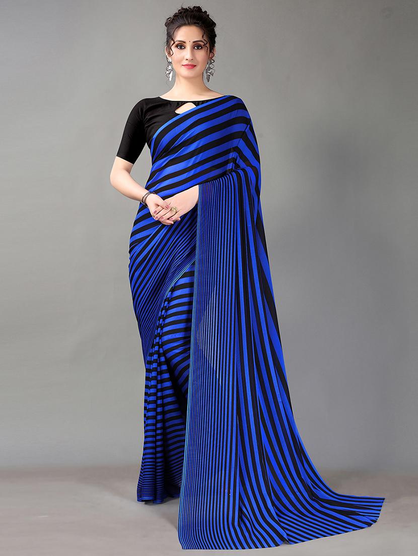 women's stripes blue colored saree with blouse - 18312587 -  Zoom Image - 0
