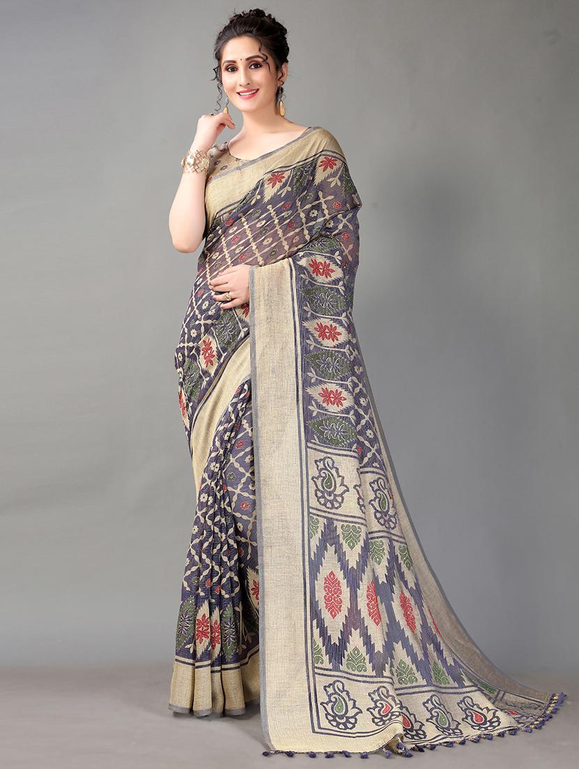 blue chiffon printed saree with blouse - 18312603 -  Zoom Image - 0