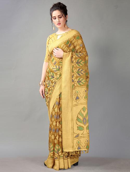 mustard chiffon printed saree with blouse - 18312610 - Standard Image - 0