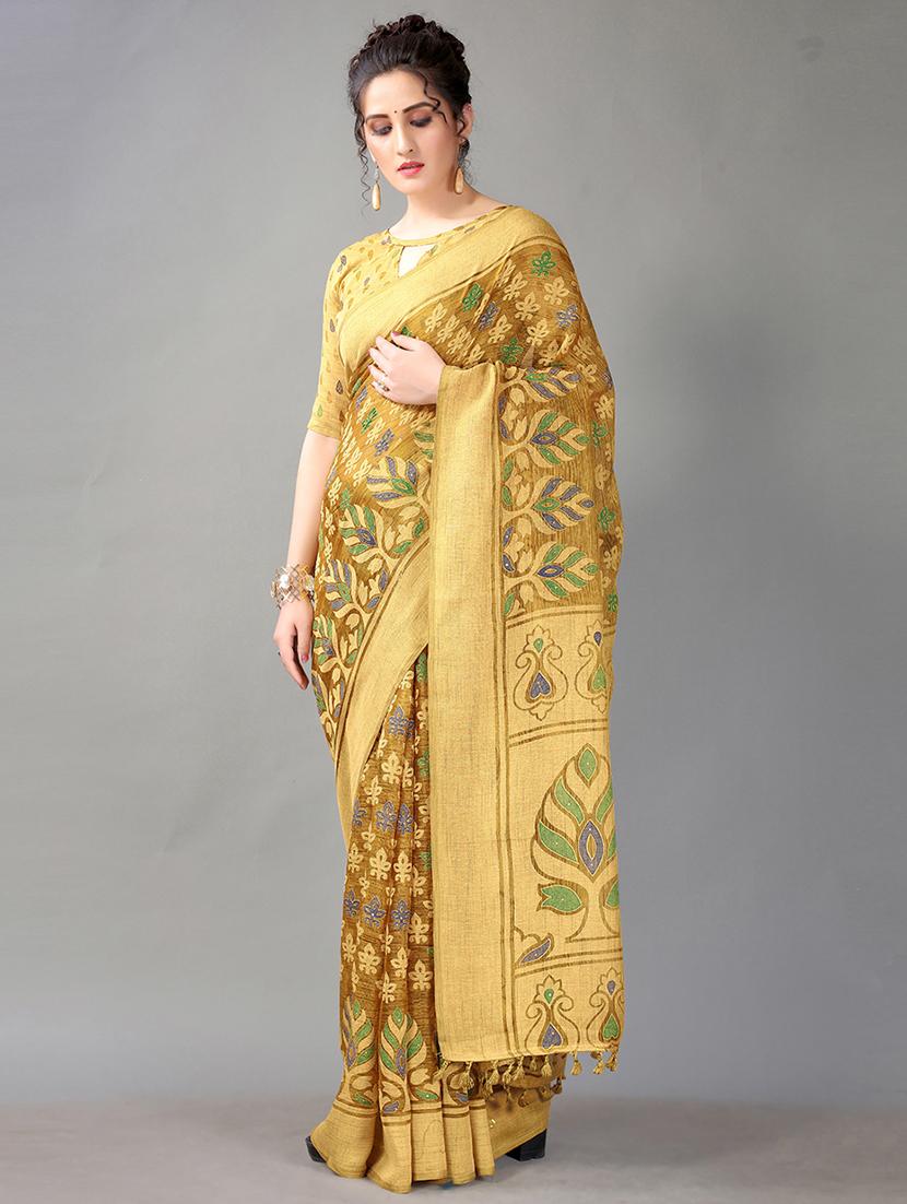 mustard chiffon printed saree with blouse - 18312610 - Zoom Image - 0