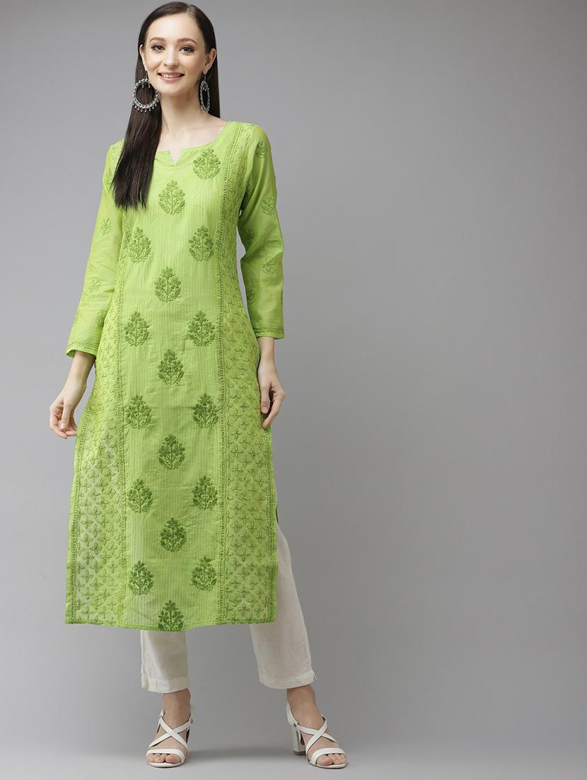 ada hand-embroidered green straight chikankari kurta - 18313406 - Zoom Image - 0