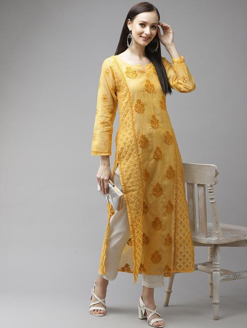 ada hand embroidered yellow chanderi lucknow chikankari kurta - 18313407 - Standard Image - 0