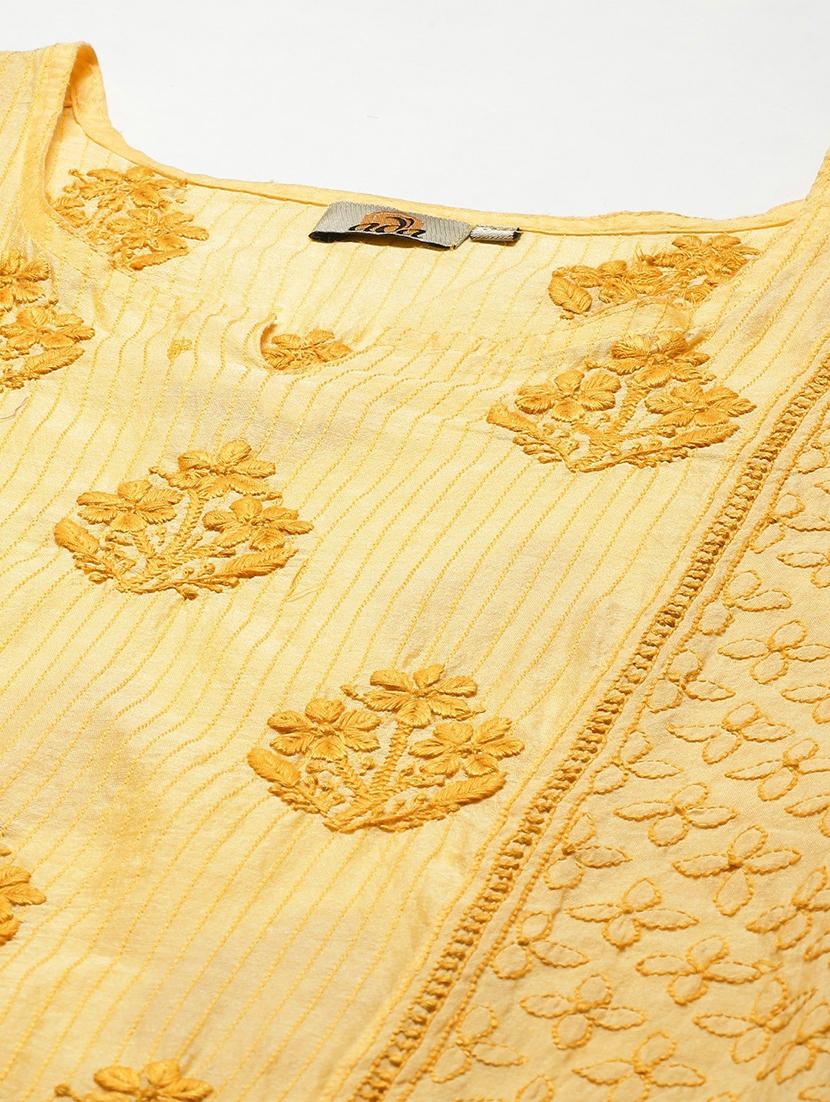 ada hand embroidered yellow chanderi lucknow chikankari kurta - 18313407 - Standard Image - 3