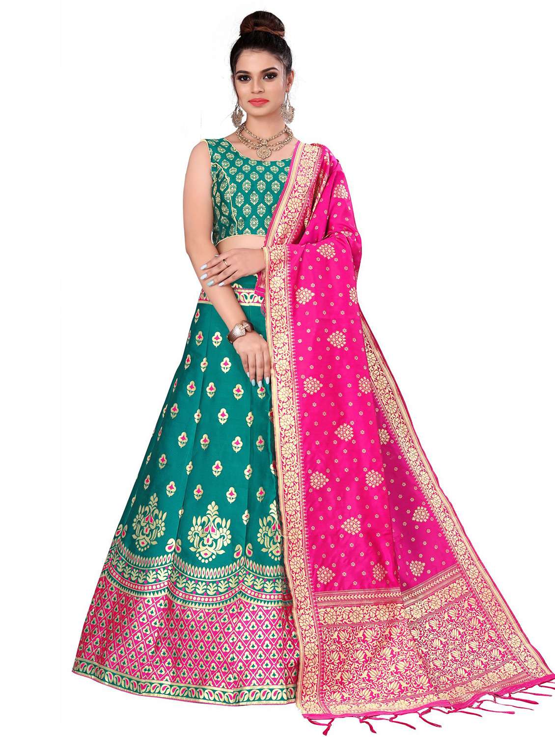 green banarasi flared lehenga