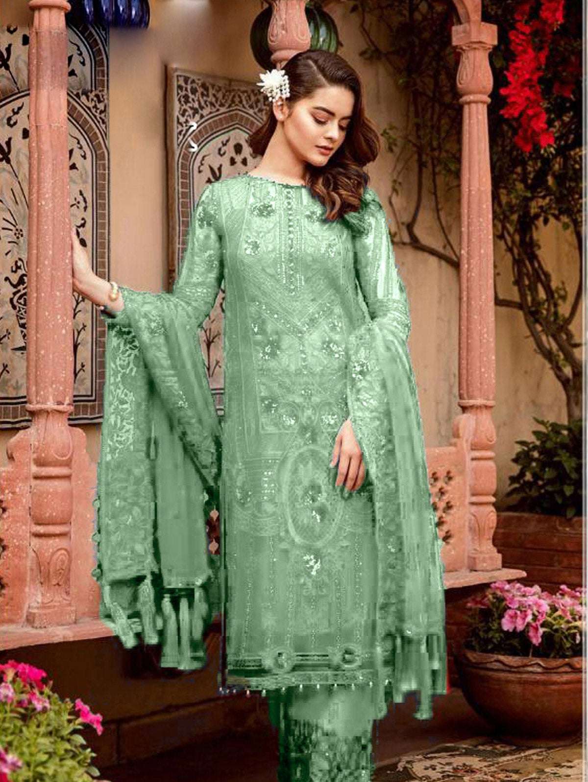 green colour dress material LONG PISTACHIO GREEN DRESS main image 0