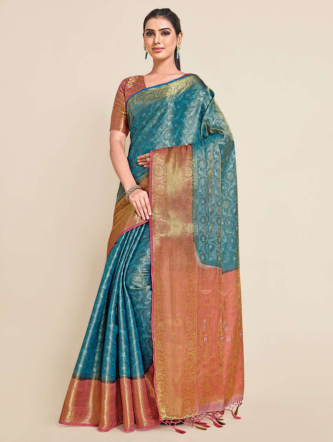 women's floral turquoise colored saree with blouse