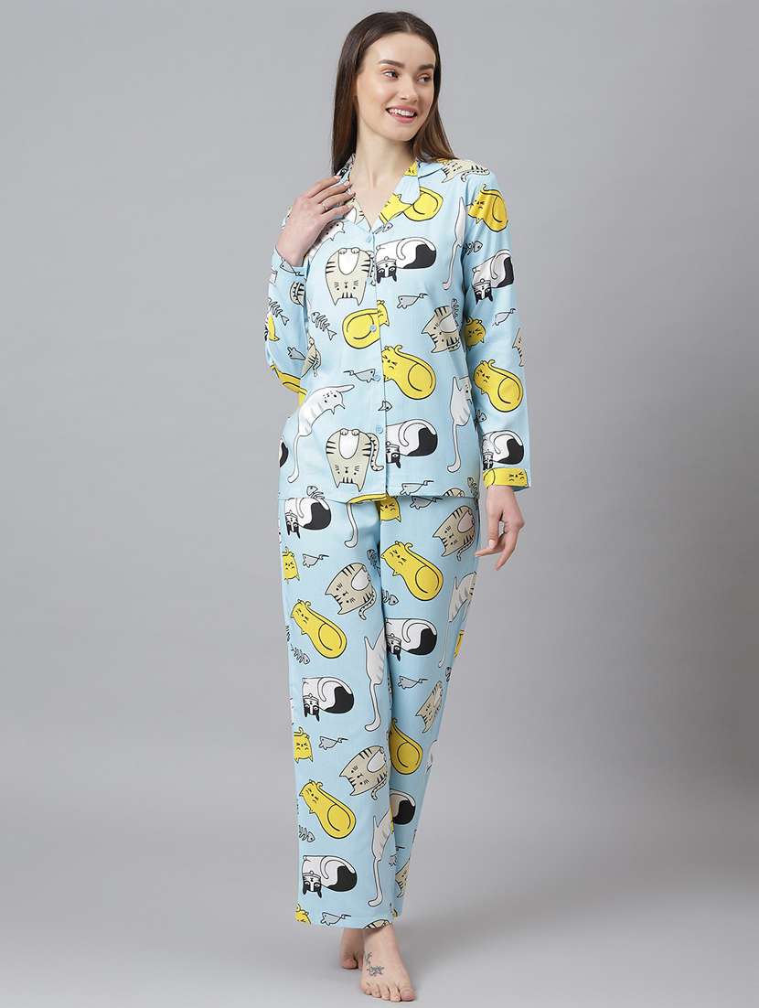 shirt collar printed nightwear pajama set 