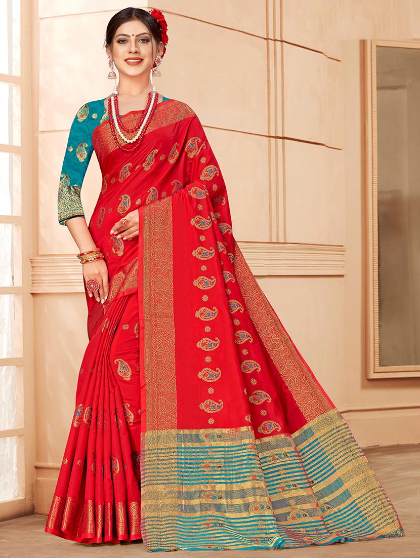 red silk blend saree with blouse - 18315064 - Zoom Image - 0