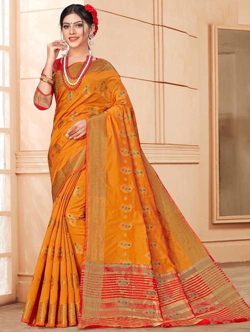 orange silk blend saree with blouse - 18315070 - Standard Image - 0