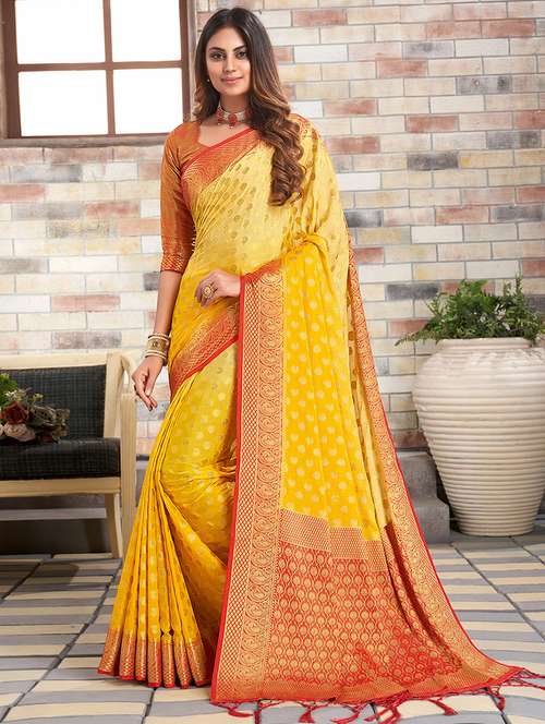 yellow nylon saree with blouse - 18315073 - Standard Image - 0