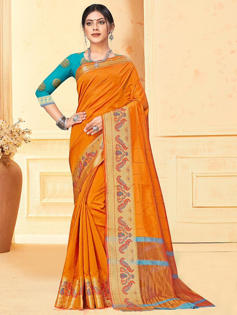 orange silk blend saree with blouse - 18315088 - Zoom Image - 0