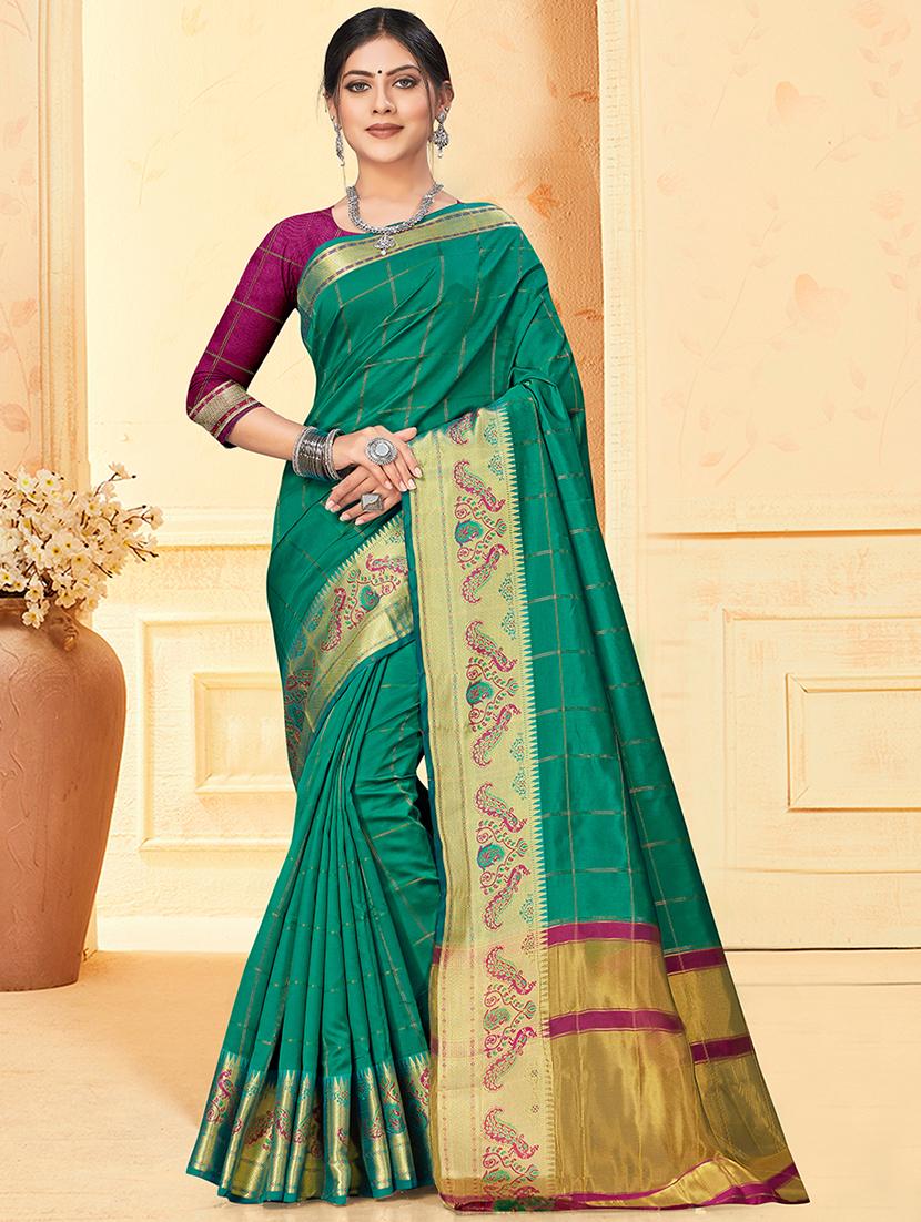turquoise silk blend saree with blouse - 18315095 -  Zoom Image - 0