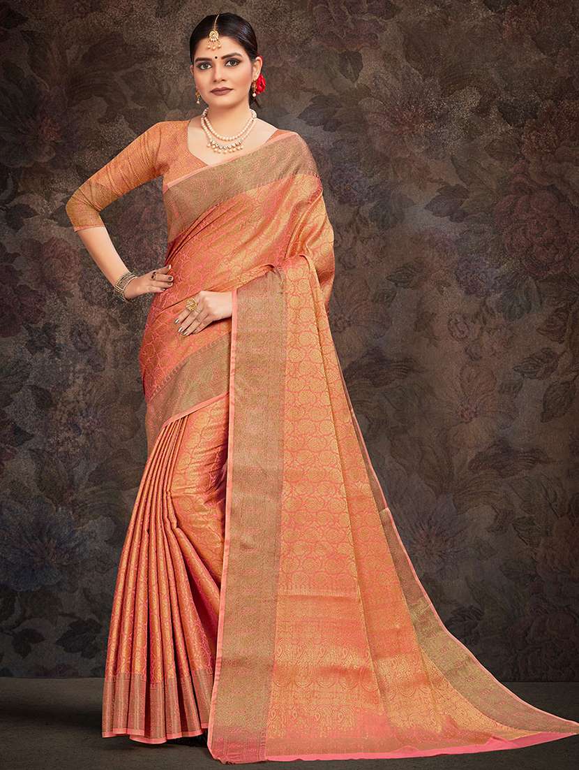 peach silk blend saree with blouse - 18315096 - Zoom Image - 0