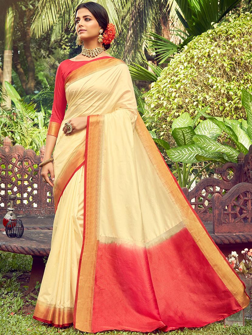 offwhite silk blend saree with blouse - 18315117 - Zoom Image - 0