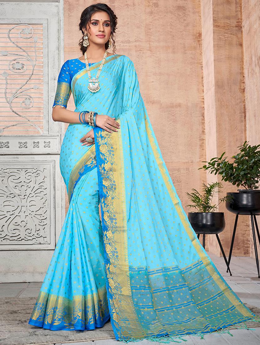 turquoise nylon saree with blouse - 18315129 -  Zoom Image - 0