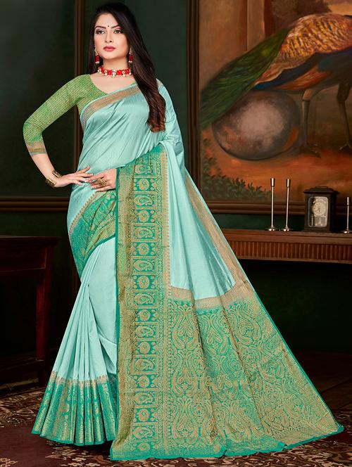 turquoise nylon saree with blouse - 18315166 - Standard Image - 0