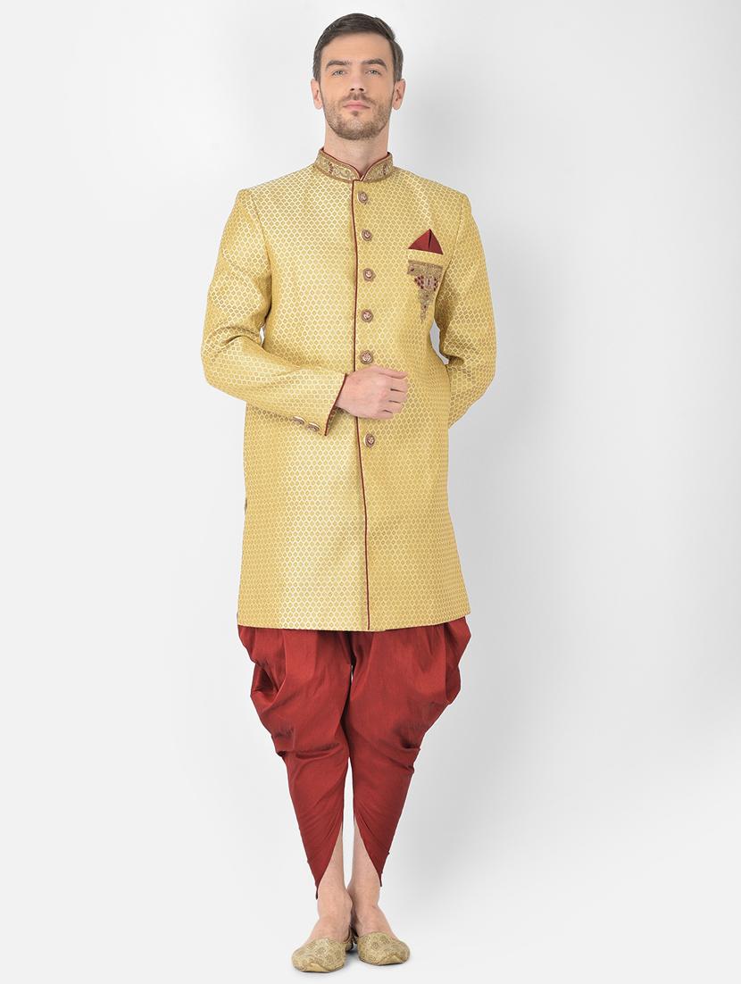 golden self-designed sherwani ethnic wear set - 18315485 -  Zoom Image - 0