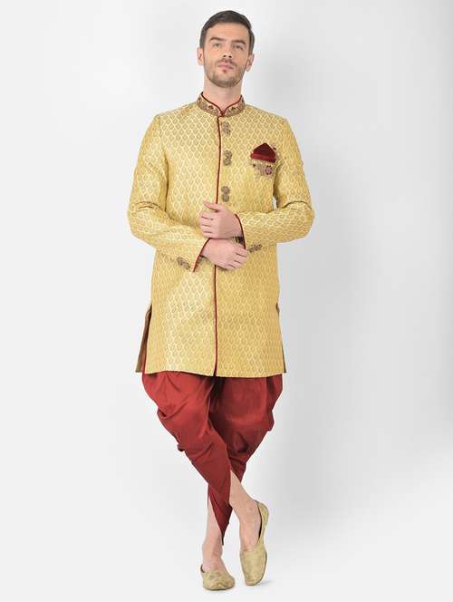 golden self-designed sherwani ethnic wear set - 18315488 - Standard Image - 0