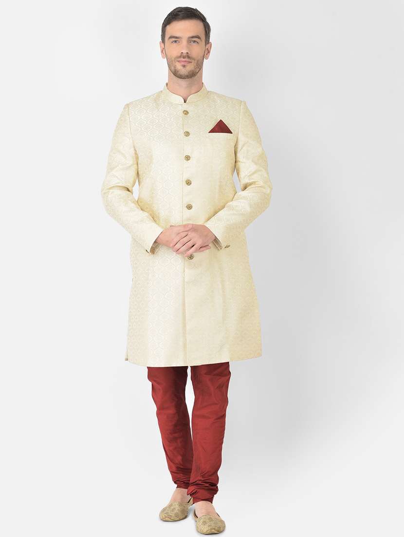 golden self-designed sherwani ethnic wear set - 18315490 -  Zoom Image - 0