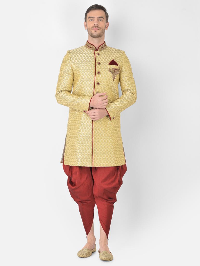 golden self-designed sherwani ethnic wear set - 18315491 -  Zoom Image - 0