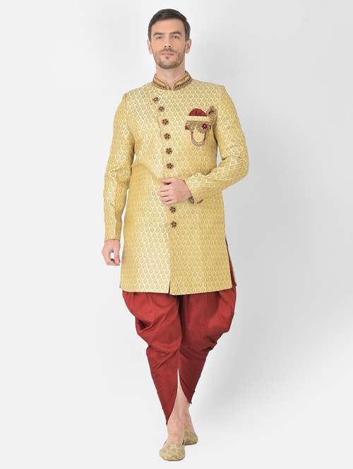 golden self-designed sherwani ethnic wear set - 18315501 -  Standard Image - 0