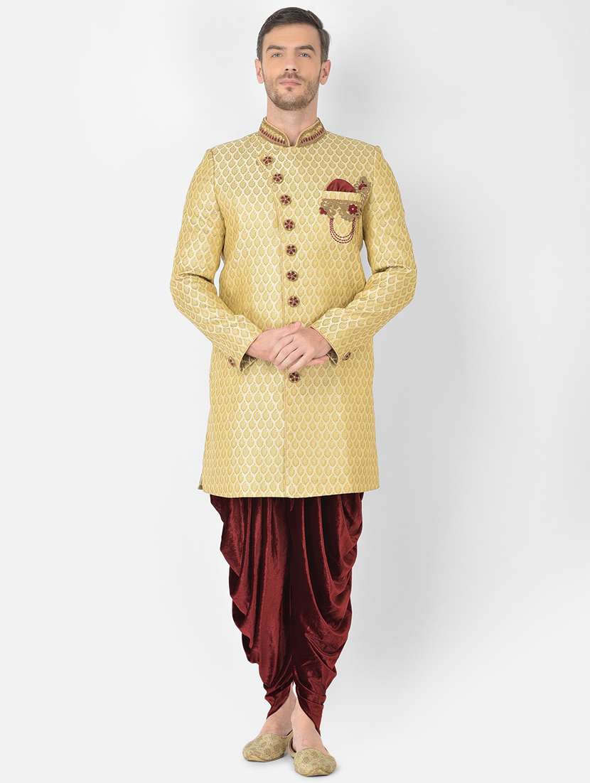 golden self-designed sherwani ethnic wear set