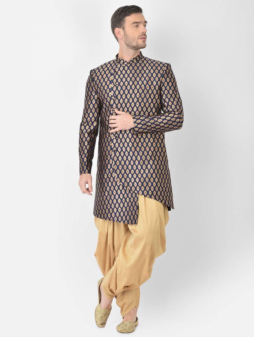 navy-blue self-designed sherwani ethnic wear set - 18315507 -  Zoom Image - 0
